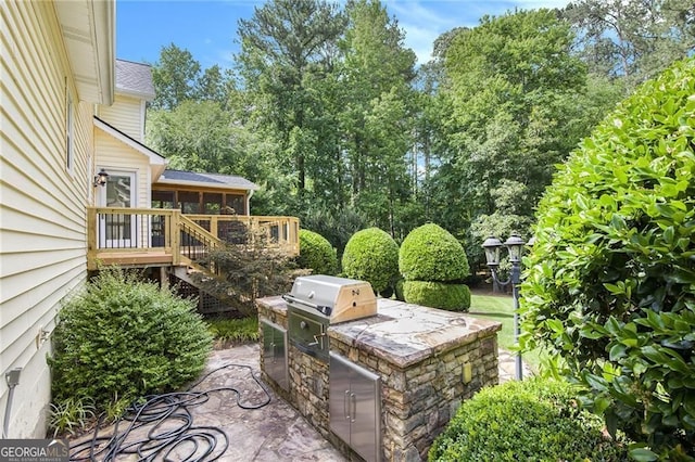 106 Waterford Pl, Acworth, GA 30101 - view of patio / terrace featuring a sunroom, stairway, a wooden deck, and view of wooded area