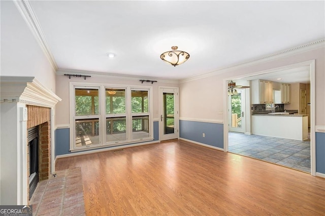 106 Waterford Pl, Acworth, GA 30101 - unfurnished living room with ornamental molding, a fireplace, baseboards, light wood-style floors, and a sink