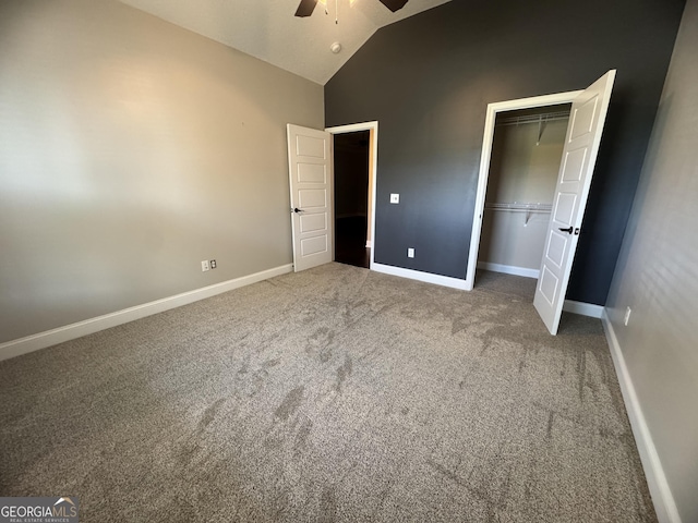 293 Laurel Landing Blvd, Kingsland, GA 31548 - unfurnished bedroom with carpet, baseboards, vaulted ceiling, a closet, and a ceiling fan