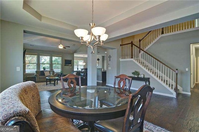 514 Creekshire Cir, Canton, GA 30115 - dining area with hardwood / wood-style floors, a chandelier, stairs, a raised ceiling, and baseboards