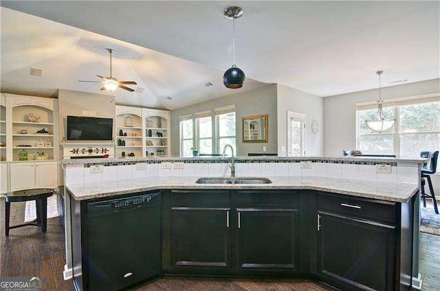 514 Creekshire Cir, Canton, GA 30115 - kitchen featuring black dishwasher, a sink, open floor plan, plenty of natural light, and vaulted ceiling