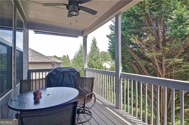 514 Creekshire Cir, Canton, GA 30115 - wooden terrace with ceiling fan, outdoor dining space, and area for grilling