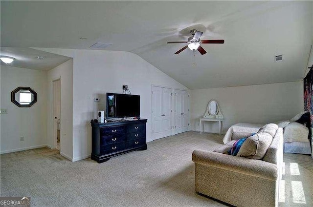 514 Creekshire Cir, Canton, GA 30115 - living area with lofted ceiling, ceiling fan, carpet flooring, and baseboards