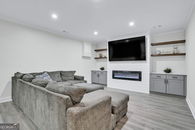 870 River Cliff Ct, Suwanee, GA 30024 - living room featuring crown molding, a fireplace, light wood-style floors, baseboards, and recessed lighting