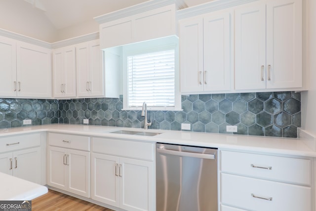3916 Bull Run, Valdosta, GA 31605 - kitchen with dishwasher, a sink, white cabinetry, light countertops, and vaulted ceiling