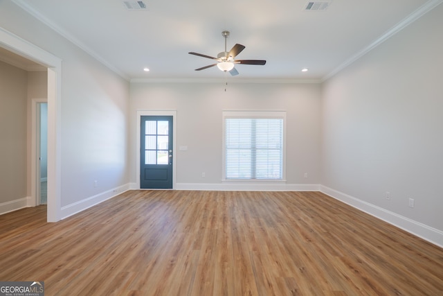 3916 Bull Run, Valdosta, GA 31605 - spare room with light wood-style flooring, a ceiling fan, baseboards, crown molding, and recessed lighting