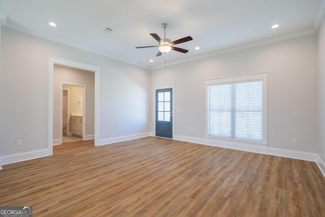 3916 Bull Run, Valdosta, GA 31605 - unfurnished room with ceiling fan, light wood-style floors, baseboards, crown molding, and recessed lighting