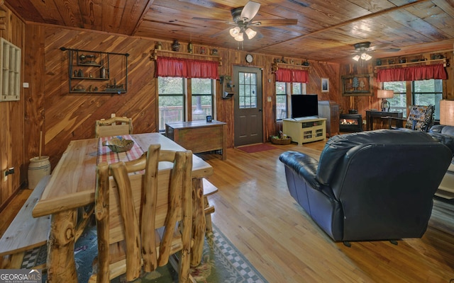 dining space with wood ceiling, ceiling fan, wooden walls, plenty of natural light, and wood finished floors
