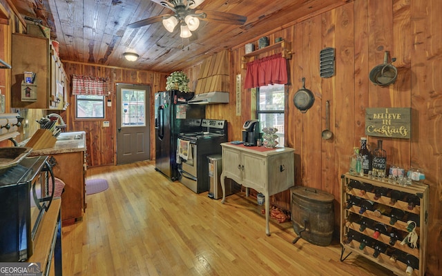 kitchen with black appliances, under cabinet range hood, wooden walls, wood ceiling, and ceiling fan
