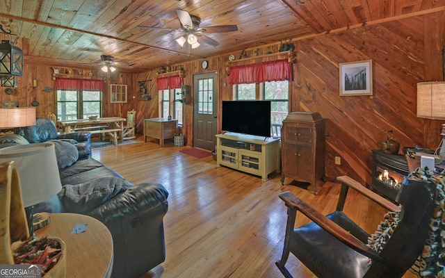 living room with wood ceiling, wood walls, ceiling fan, and wood finished floors