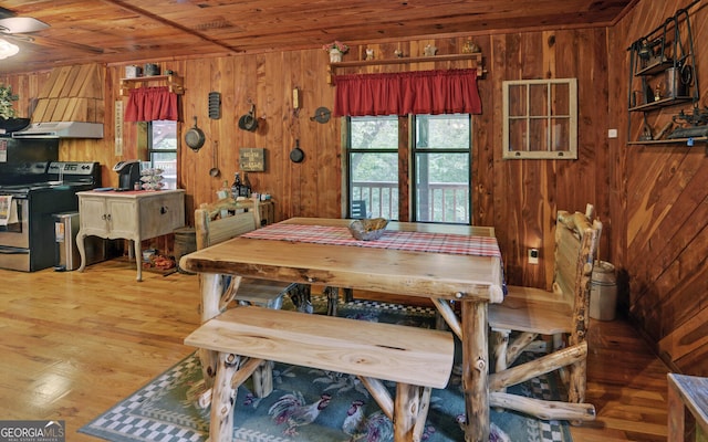 dining room featuring wood walls, wooden ceiling, ceiling fan, and wood finished floors
