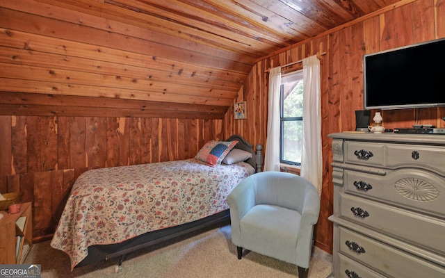 bedroom with wooden ceiling, wood walls, vaulted ceiling, and carpet