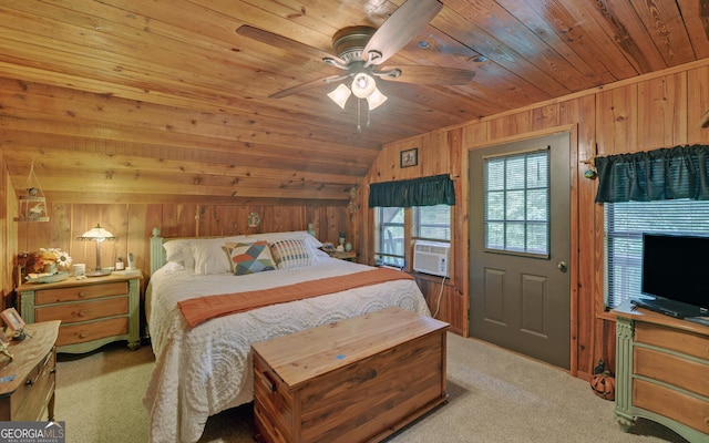 carpeted bedroom with wooden walls, wooden ceiling, vaulted ceiling, ceiling fan, and cooling unit
