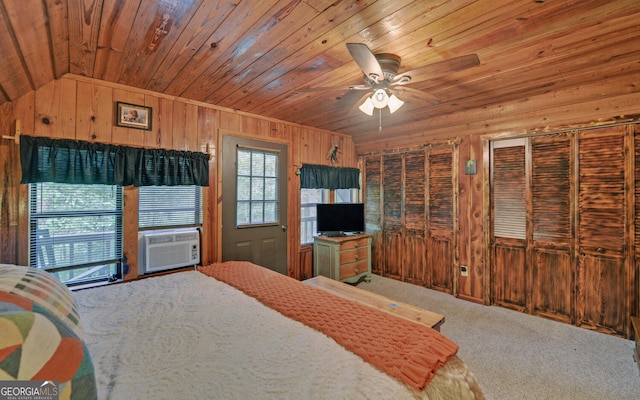 bedroom with wood walls, vaulted ceiling, wood ceiling, carpet flooring, and cooling unit