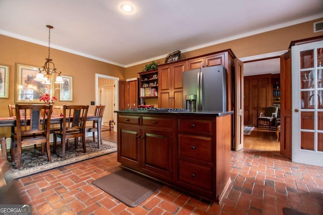 98 Sweetbriar Ln, Carrollton, GA 30117 - kitchen featuring stainless steel fridge, ornamental molding, dark countertops, open shelves, and brick floors