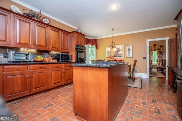 98 Sweetbriar Ln, Carrollton, GA 30117 - kitchen featuring black oven, brick floors, a center island, stainless steel microwave, and brown cabinets