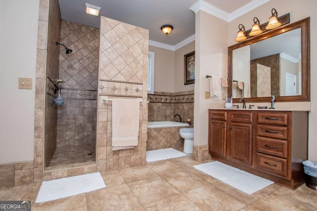 98 Sweetbriar Ln, Carrollton, GA 30117 - bathroom featuring a tile shower, a bath, vanity, ornamental molding, and toilet