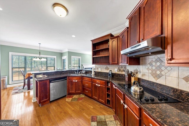 101 Lumby Ln, Stockbridge, GA 30281 - kitchen featuring stainless steel dishwasher, under cabinet range hood, crown molding, open shelves, and a sink