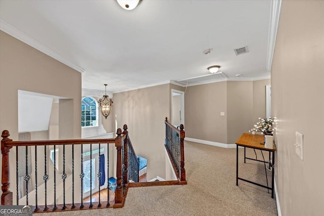 101 Lumby Ln, Stockbridge, GA 30281 - hallway featuring an upstairs landing, crown molding, carpet flooring, baseboards, and a chandelier