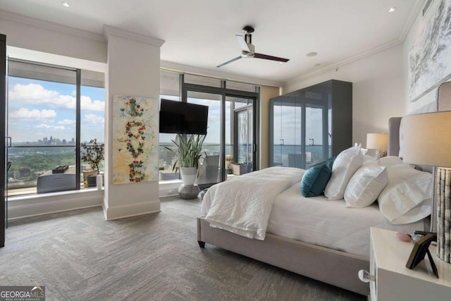 3344 Peachtree Rd NE Unit 3601, Atlanta, GA 30326 - carpeted bedroom featuring crown molding, access to outside, recessed lighting, and ceiling fan