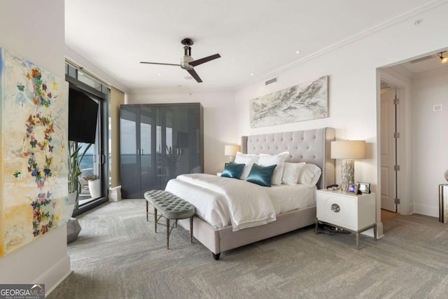 3344 Peachtree Rd NE Unit 3601, Atlanta, GA 30326 - carpeted bedroom with crown molding, access to exterior, baseboards, and a ceiling fan