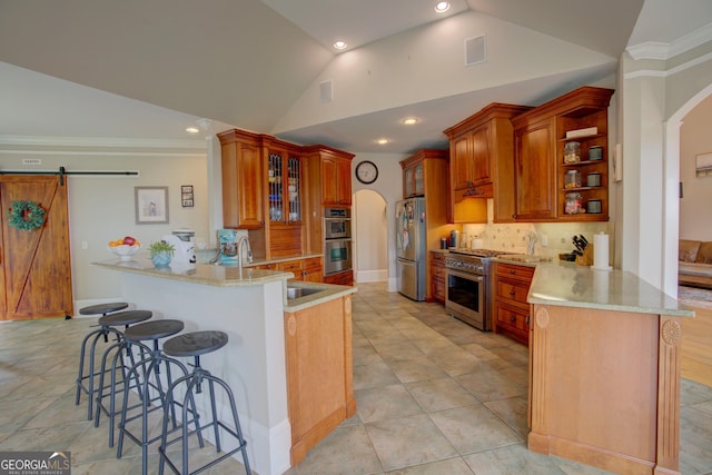kitchen with lofted ceiling, stainless steel appliances, a peninsula, a sink, and arched walkways