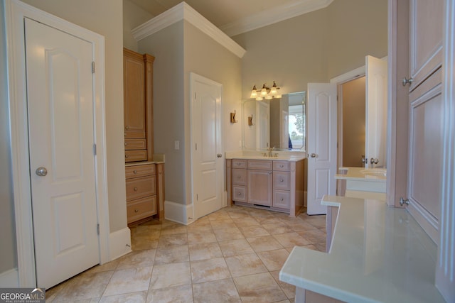bathroom with crown molding and vanity