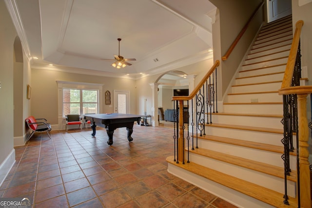 playroom featuring arched walkways, ceiling fan, billiards, crown molding, and decorative columns