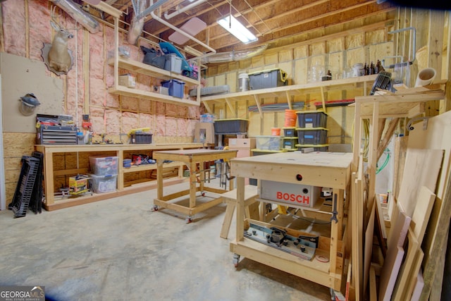 unfinished basement with a workshop area