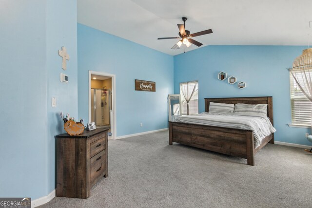 103 Olson Way, Kingsland, GA 31548 - carpeted bedroom featuring lofted ceiling, baseboards, ceiling fan, and ensuite bath