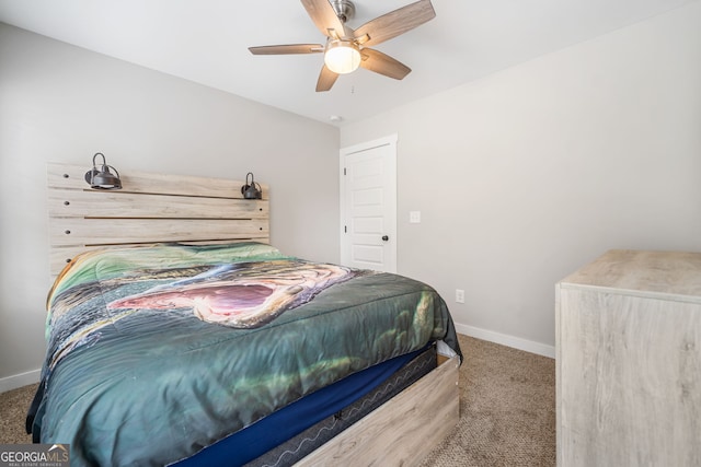 bedroom featuring carpet flooring, baseboards, and ceiling fan