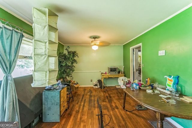 180 E Greenwood Dr, Carrollton, GA 30117 - office with hardwood / wood-style flooring, ornamental molding, and a ceiling fan