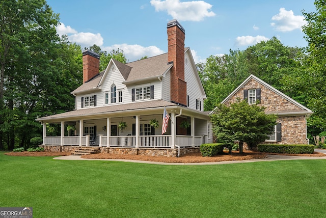 2195 Hickory Hill Rd, Alpharetta, GA 30004 - country-style home with a chimney, a porch, a front lawn, and roof with shingles