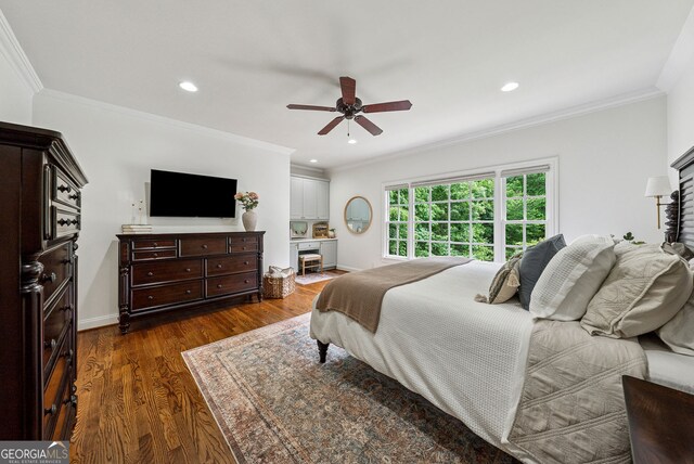 2195 Hickory Hill Rd, Alpharetta, GA 30004 - bedroom with dark wood-type flooring, recessed lighting, crown molding, a ceiling fan, and baseboards