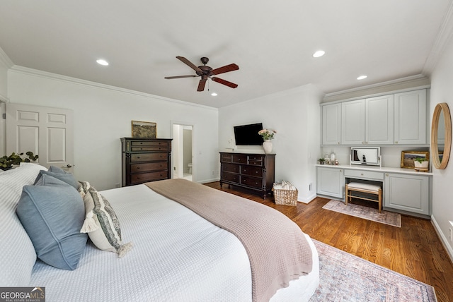 2195 Hickory Hill Rd, Alpharetta, GA 30004 - bedroom featuring crown molding, dark wood-style floors, baseboards, recessed lighting, and ceiling fan