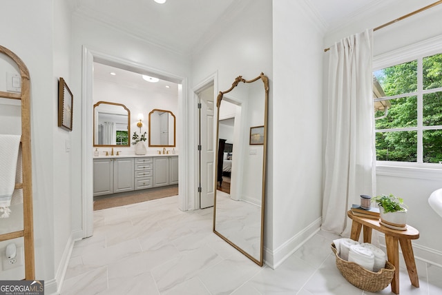 2195 Hickory Hill Rd, Alpharetta, GA 30004 - hall featuring ornamental molding, a sink, light marble finish floors, baseboards, and recessed lighting