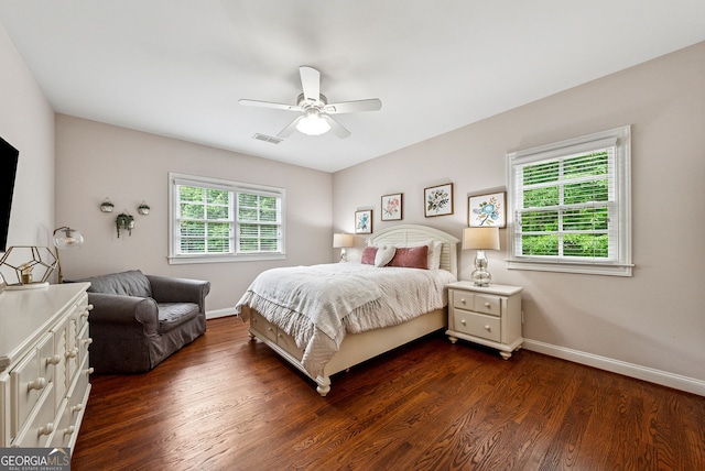 2195 Hickory Hill Rd, Alpharetta, GA 30004 - bedroom with baseboards, dark wood-style flooring, and a ceiling fan