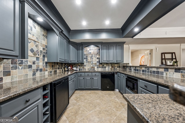 2195 Hickory Hill Rd, Alpharetta, GA 30004 - kitchen with dishwasher, ornamental molding, gray cabinets, tasteful backsplash, and dark stone countertops