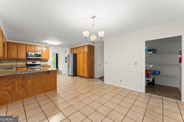 1713 Dudley Dr, Woodstock, GA 30188 - kitchen with appliances with stainless steel finishes, light tile patterned floors, a peninsula, tasteful backsplash, and ornamental molding