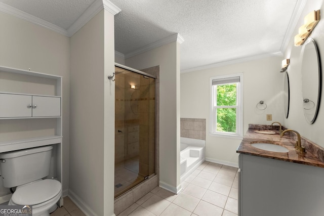 1713 Dudley Dr, Woodstock, GA 30188 - full bath featuring tile patterned flooring, a shower stall, double vanity, a bath, and ornamental molding