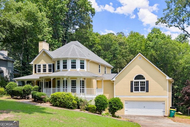 1713 Dudley Dr, Woodstock, GA 30188 - victorian-style house featuring a porch, a garage, a chimney, concrete driveway, and a front yard