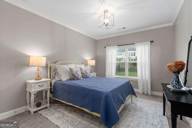 6840 Canyon Creek Way, Cumming, GA 30028 - bedroom with carpet flooring, ornamental molding, and a chandelier