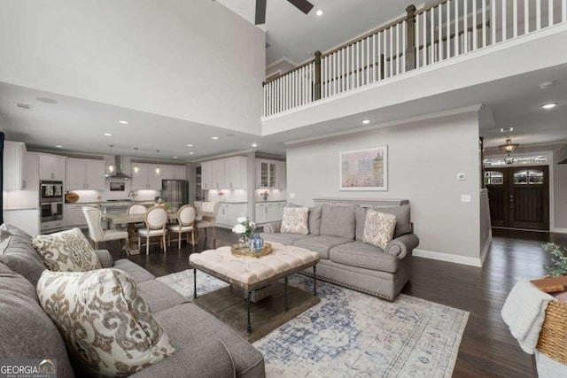 6840 Canyon Creek Way, Cumming, GA 30028 - living room featuring a high ceiling, dark wood-type flooring, ceiling fan, and recessed lighting