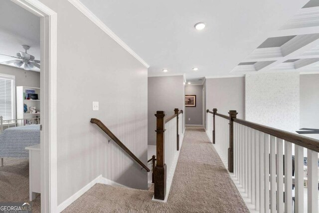 6840 Canyon Creek Way, Cumming, GA 30028 - corridor with an upstairs landing, carpet floors, ornamental molding, recessed lighting, and coffered ceiling
