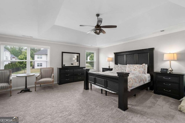 6840 Canyon Creek Way, Cumming, GA 30028 - bedroom featuring a raised ceiling, crown molding, light colored carpet, and ceiling fan