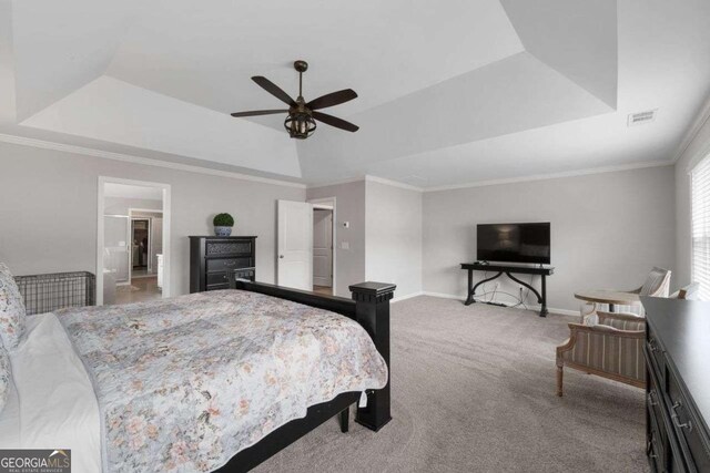 6840 Canyon Creek Way, Cumming, GA 30028 - carpeted bedroom with a tray ceiling, ceiling fan, and ornamental molding
