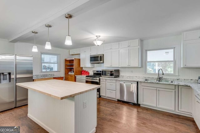 kitchen with stainless steel appliances, a sink, healthy amount of natural light, and dark wood-style flooring