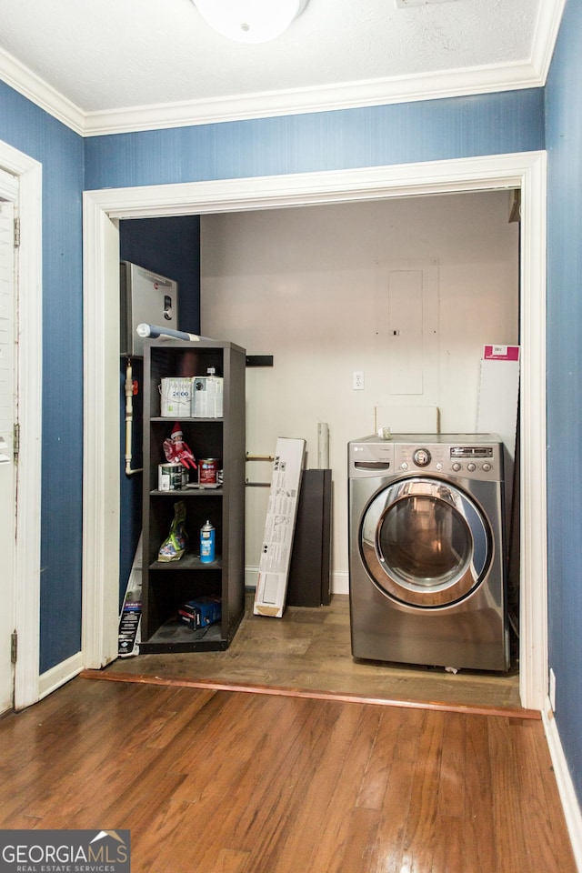 1878 Blalock Ave, Waycross, GA 31503 - washroom featuring washer / clothes dryer, wood finished floors, baseboards, and crown molding