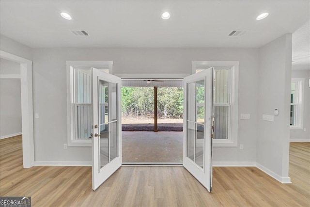 1186 Snow Hill Rd, Cadwell, GA 31009 - doorway to outside with french doors, baseboards, wood finished floors, and recessed lighting