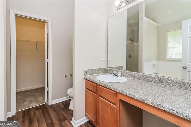 bathroom featuring wood finished floors, a shower stall, vanity, a walk in closet, and toilet